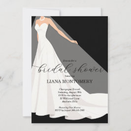Elegant Wedding Dress on Black Bridal Shower Einladung