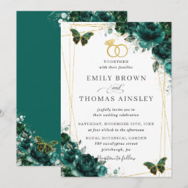Elegant Wedding Emerald Green Floral Butterflies Einladung