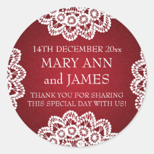 Elegant Wedding Favor Tag Vintag Lace Red Runder Aufkleber