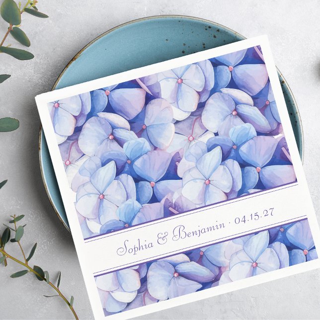 Elegant Wedding Floral Hydrangea Blue & Lavender Serviette (These personalized hydrangea wedding napkins are perfect for an elegant, chic coastal garden party.)