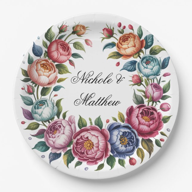 Elegant Wedding Floral Wreath Pappteller (Vorderseite)