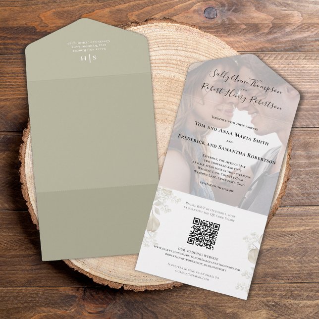 Elegant Wedding Foto Sage Greenery All In One Einladung (Elegant wedding all-in-one invitation with botanical greenery. )