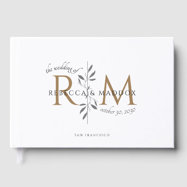 Elegant Wedding Gold Botanical Monogram Gästebuch (Vorderseite)