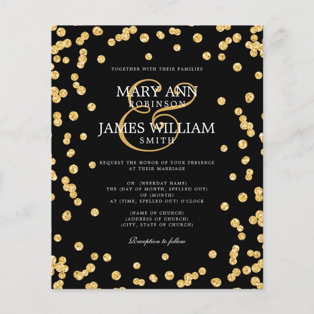 Elegant Wedding Gold Glitzer Confetti Black Flyer (Vorne)