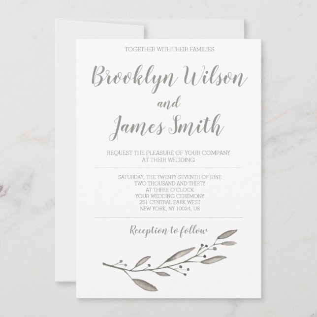 Elegant Wedding Invitation Calligraphy Floral Gray Einladung (Vorderseite)