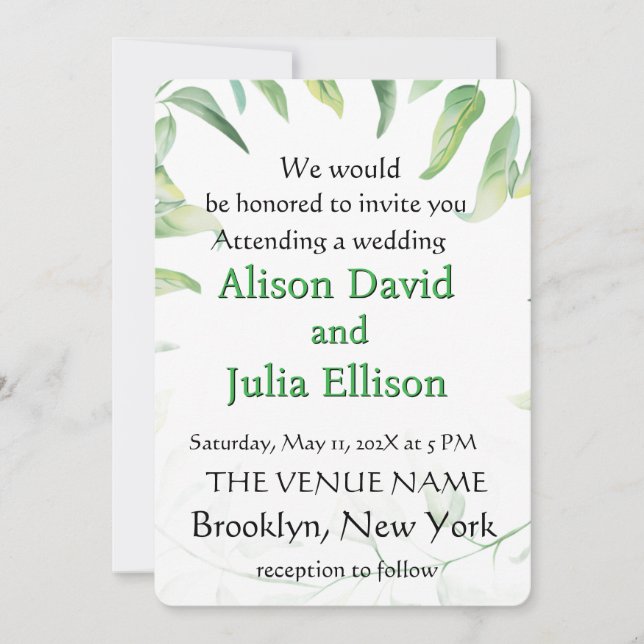 Elegant wedding invitation with green leaves einladung (Vorderseite)