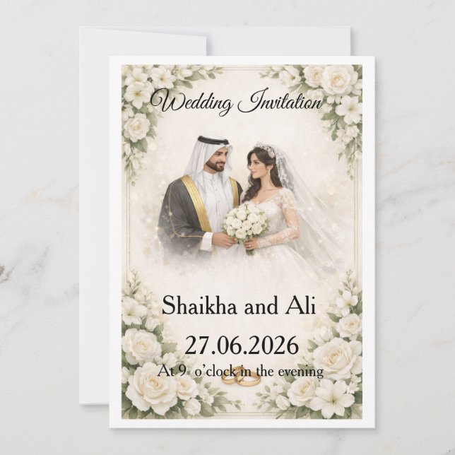 Elegant Wedding Invitation with White Flowers and  Einladung (Vorderseite)