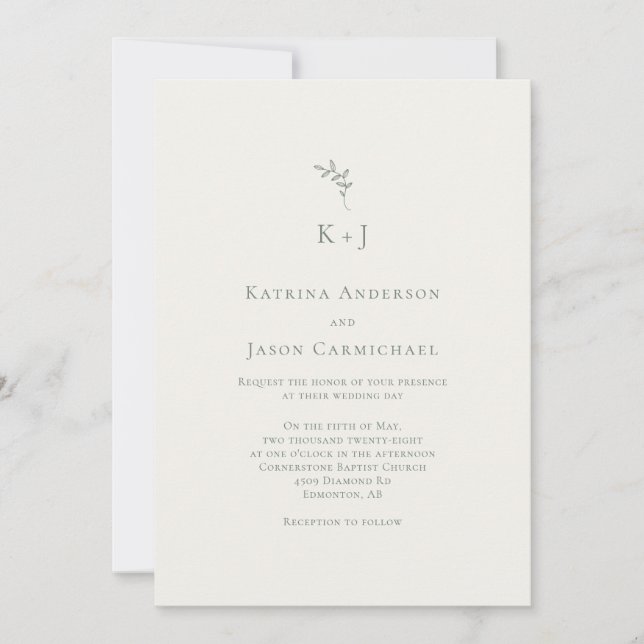 Elegant Wedding Minimal Sage Green Monogram Einladung (Vorderseite)