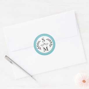 Elegant Wedding Modern Monogram Aqua Blue Gevor Runder Aufkleber