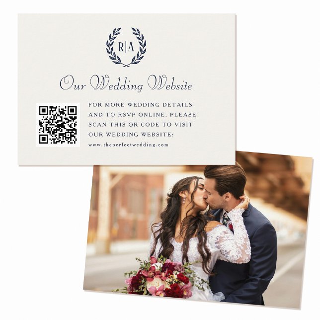 Elegant Wedding Monogram QR Code Navy Cream Begleitkarte (Von Creator hochgeladen)