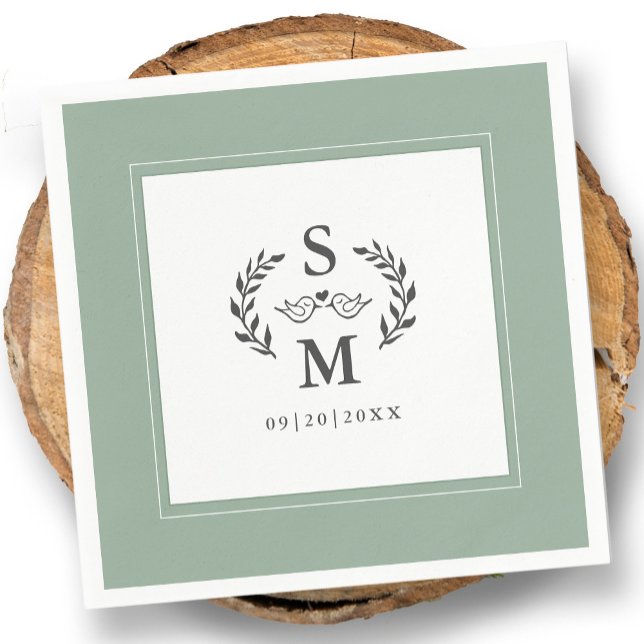 Elegant Wedding Monogram Wappen Wreath Sage Green Serviette (Elegant Wedding Monogram Crest Wreath Sage Green Napkins)