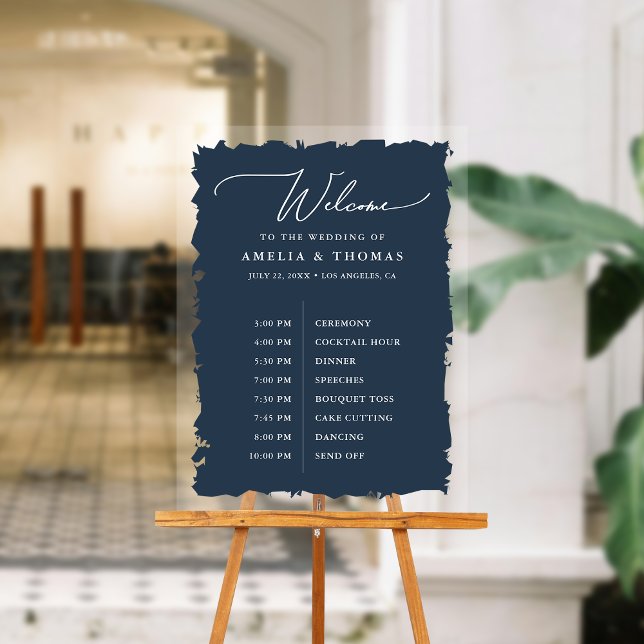 Elegant Wedding Navy Blue Willkommen und Timeline Acrylschild (Welcome your guests with our elegant acrylic sign that greets them and displays your event timeline.)