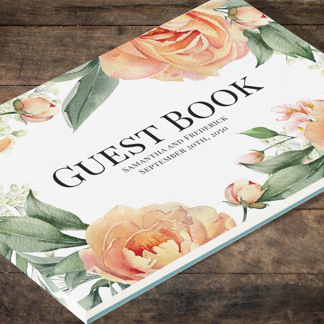 Elegant Wedding Peach Floral Blue Gästebuch (Elegant wedding guest book with peach floral design. )