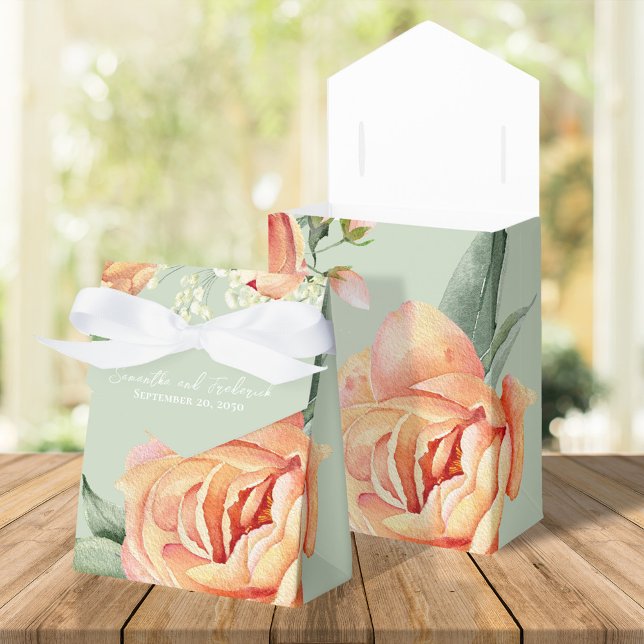 Elegant Wedding Peach floral Green Geschenkschachtel (Peach and green wedding favor treat box, )