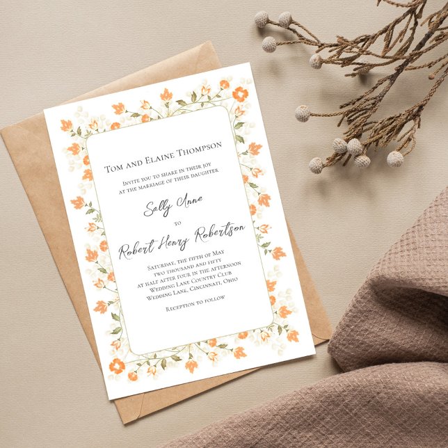 Elegant Wedding Peach Floral Script Einladung (Elegant peach floral wedding invitation with a monogram on the backside. )