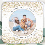 Elegant Wedding Personalized Gold Glitter Photo Quadratischer Aufkleber<br><div class="desc">Add the finishing touch to your wedding with these elegant custom photo wedding stickers . Perfect for your wedding after party and reception, and as wedding favors for your guests. Customize these photo dog wedding favor stickers with your favorite wedding photo, dog of honors photo, or your newlywed photo with...</div>