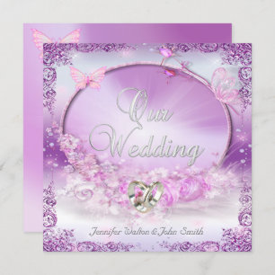 Elegant Wedding Pink Lilac Rings Butterfly Einladung