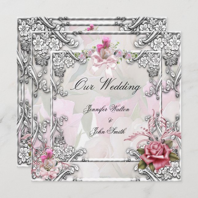 Elegant Wedding Pink Rose Silver White Einladung (Vorne/Hinten)