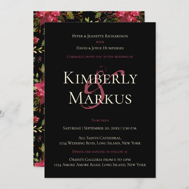 Elegant Wedding Poinsettia Monogram Claret Red Einladung (Vorne/Hinten)