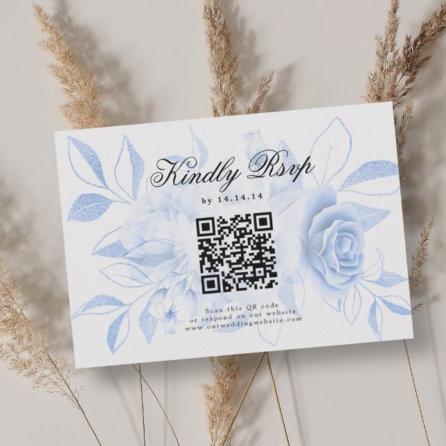 Elegant Wedding QR Code UAWG Navy Blue Floral RSVP Karte (Elegant Wedding QR Code RSVP Navy Blue Floral)