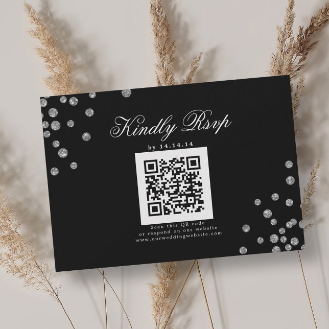 Elegant Wedding QR UAWG Silver Confetti Black RSVP Karte (Elegant Wedding QR RSVP Silver Confetti Black)