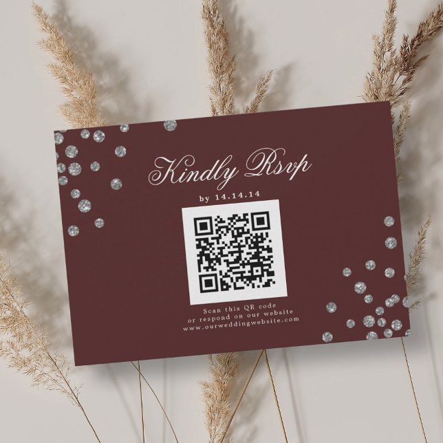 Elegant Wedding QR UAWG Silver Confetti Burgundy RSVP Karte (Elegant Wedding QR RSVP Silver Confetti Burgundy)