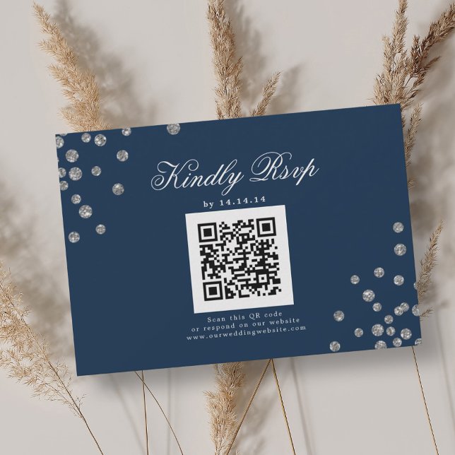 Elegant Wedding QR UAWG Silver Confetti Navy RSVP Karte (Elegant Wedding QR RSVP Silver Confetti Navy )