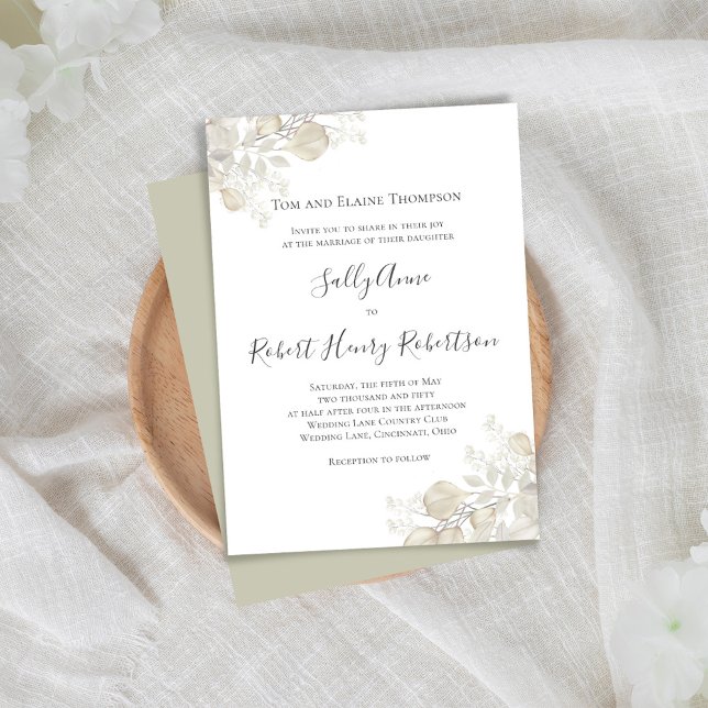 Elegant Wedding Sage Greenerity Script Einladung (Simple and elegant sage green and cream foliage wedding invitation.)