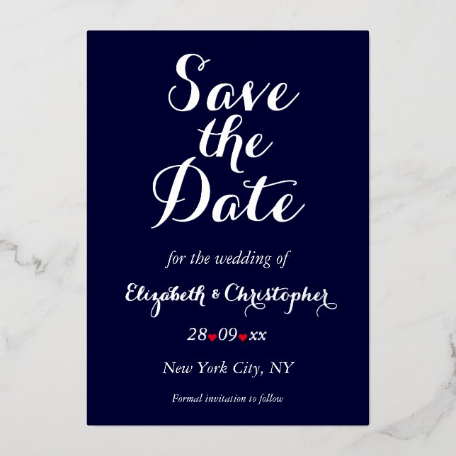 Elegant Wedding Save the Date Navy Blue Silver Folieneinladung (Vorderseite)