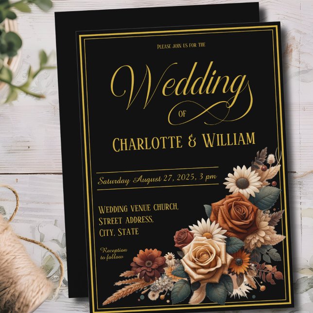 Elegant Wedding Script Brown Floral Black Einladung (Von Creator hochgeladen)