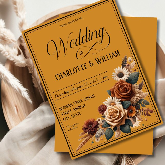 Elegant Wedding Script Brown Floral Einladung (Von Creator hochgeladen)