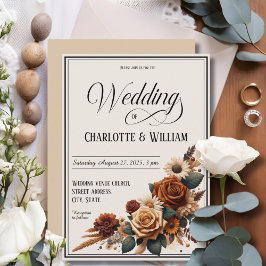 Elegant Wedding Script Rustic Brown Floral Einladung