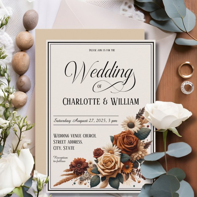 Elegant Wedding Script Rustic Brown Floral Einladung (Von Creator hochgeladen)