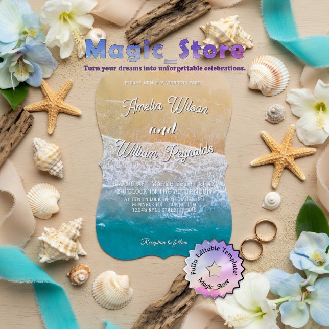 Elegant Wedding Sea Waves Sand Beach Einladung (Von Creator hochgeladen)