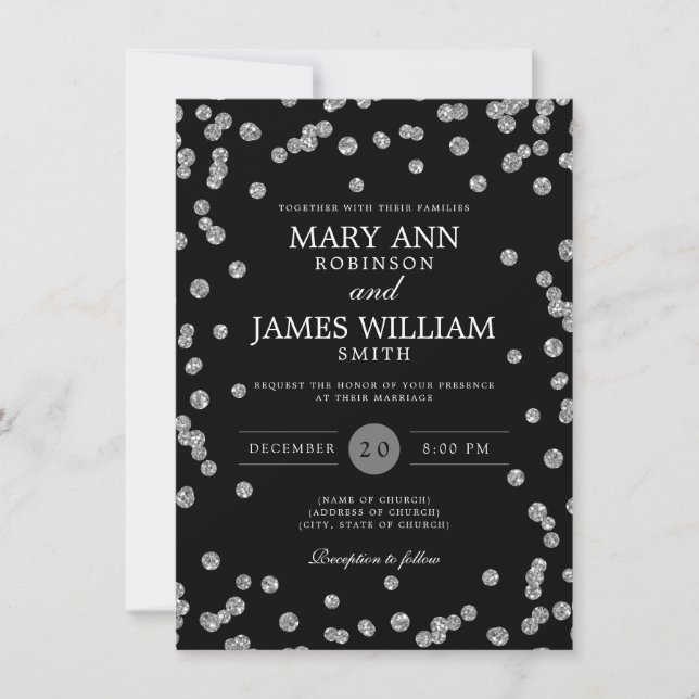 Elegant Wedding Silver Glitzer Confetti Black Einladung (Vorderseite)