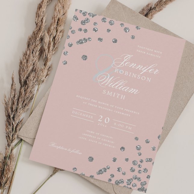 Elegant Wedding Silver Glitzer Confetti Blush Einladung (Elegant Wedding Silver Glitter Confetti Blush Invitation)