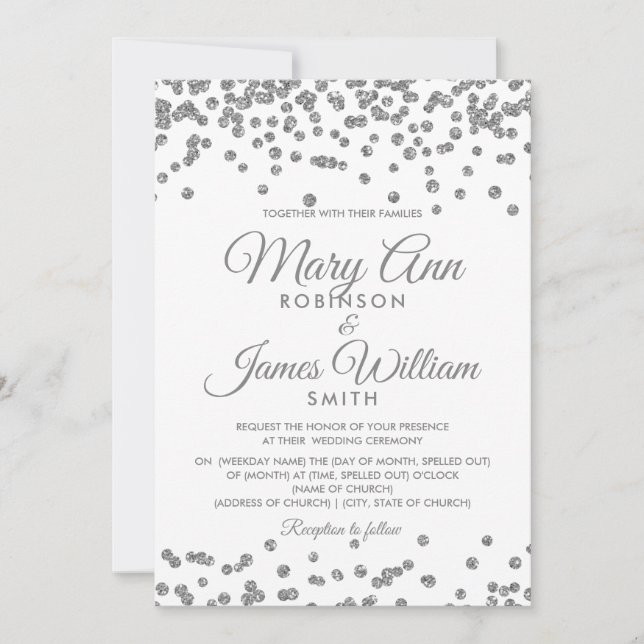 Elegant Wedding Silver Imitats Glitzer Confetti Einladung (Vorderseite)