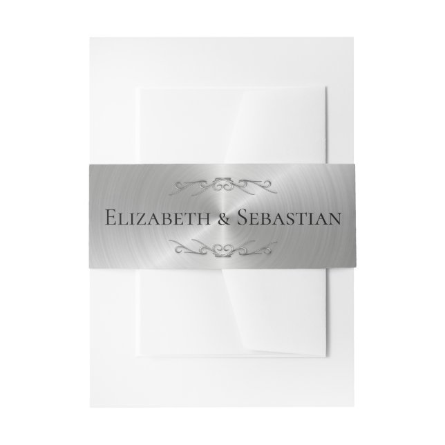 Elegant Wedding Silver Metallic Scrollwork Names Einladungsbanderole (Vorderseite Beispiel)