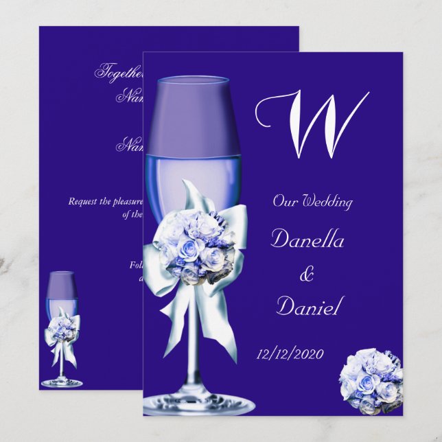 Elegant Wedding Silver Navy Blue Floral Rose Einladung (Vorne/Hinten)