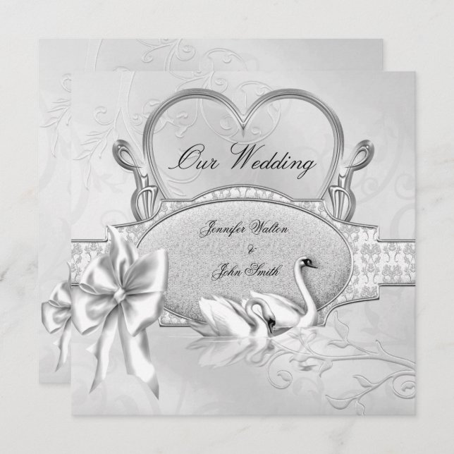 Elegant Wedding Silver White Swans Heart Bow Einladung (Vorne/Hinten)