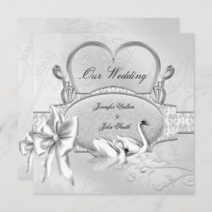 Elegant Wedding Silver White Swans Heart Bow Einladung