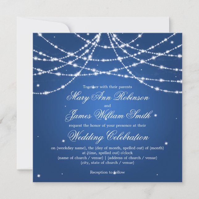 Elegant Wedding Sparkling String Blue Einladung (Vorderseite)