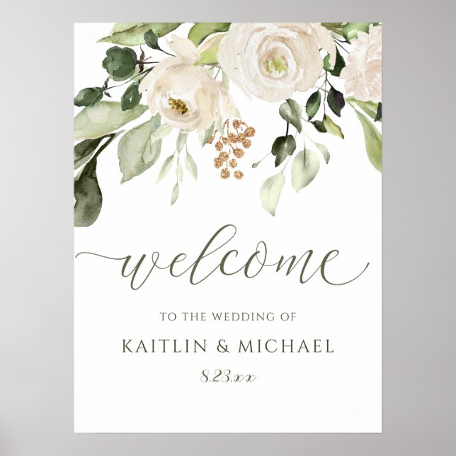 Elegant Wedding Welcome Sign Greenery Weiße Blume Poster (Vorne)