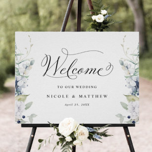 Elegant Wedding Welcome Sign White Blue Floral Poster