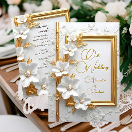 Elegant Wedding White Embossed Gold Diamond Floral Einladung
