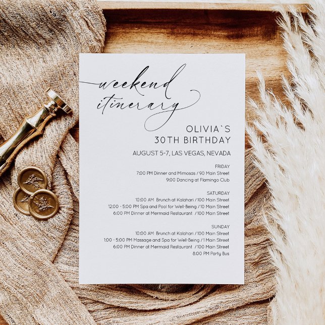 Elegant Weekend Birthday Itinerary Invitation Einladung (Birthday Bridal Shower Weekend Itinerary Card)