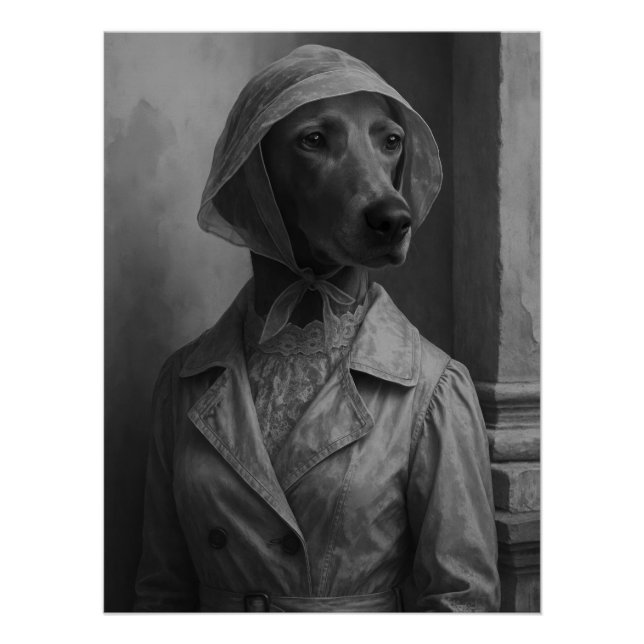 Elegant Weimaraner in Vintage Raincoat and Bonnet  Poster (Vorderseite)