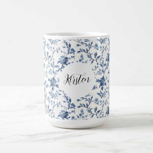 Elegant Weiß Blau Blumenmuster   Kaffeetasse (Mittel)