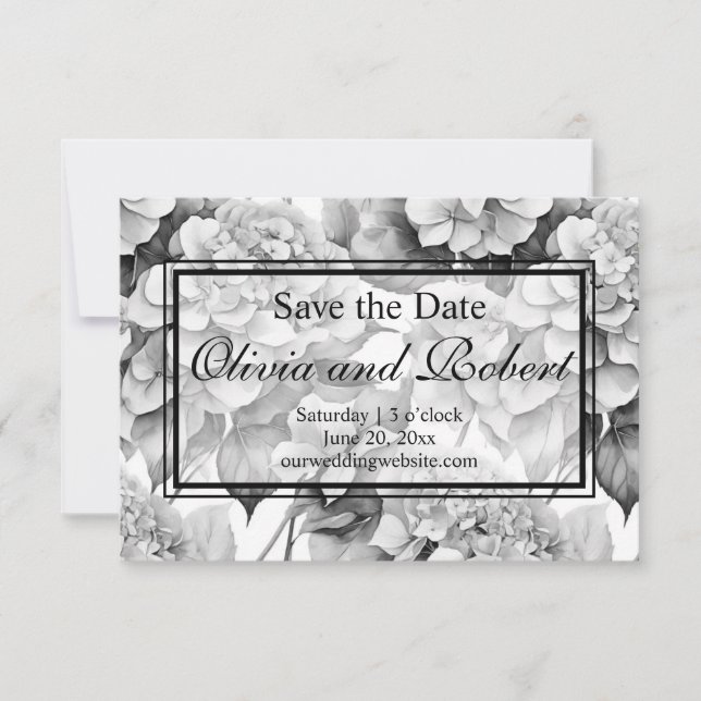 Elegant, weiß, grau, schwarz, blumenfarben save the date (Vorderseite)