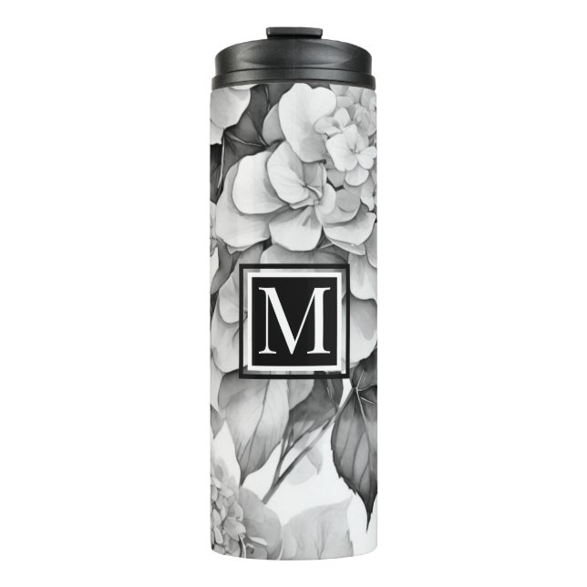 Elegant, weiß, grau, schwarz, blumenfarben thermosbecher (Vorderseite)